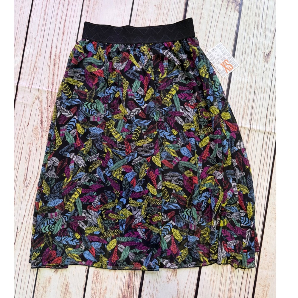 LuLaRoe Lola Midi Skirt Womens XS Black Multi Color Feather Print Chiffon New